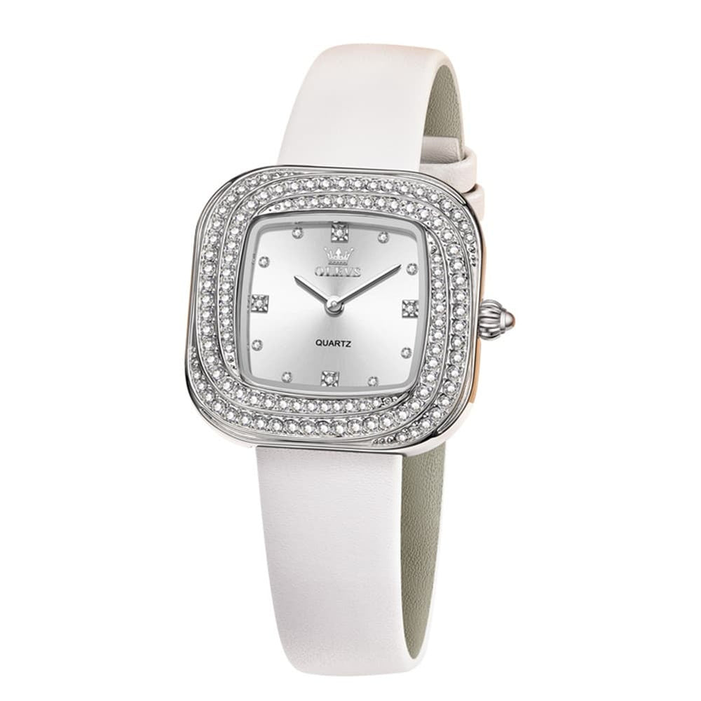 OLEVS Square Diamond Bezel Leather Watch 5512 Petite Quartz for Women - Silver White Watch | Olevs Watch Store