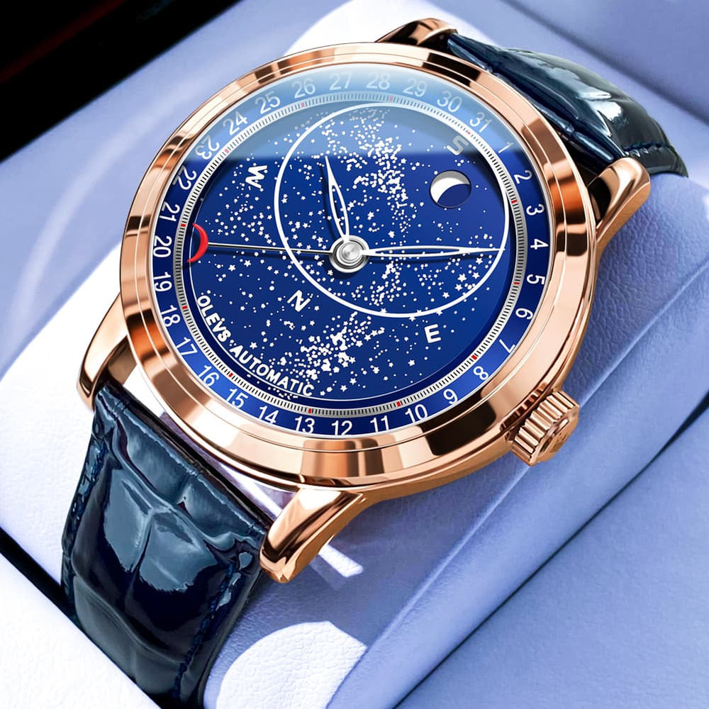 OLEVS Starry Sky Moon Phase Automatic Mechanical Watch 9923 Leather Strap for Men - Rose Gold Blue Watch | Olevs Watch Store