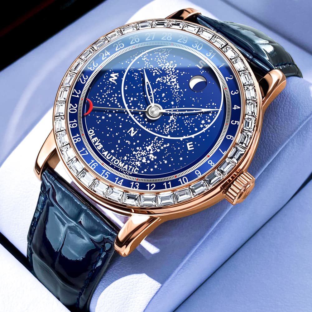 OLEVS Starry Sky Moon Phase Automatic Mechanical Watch 9923 Leather Strap for Men - Rose Gold Blue Diamond Bezel Watch