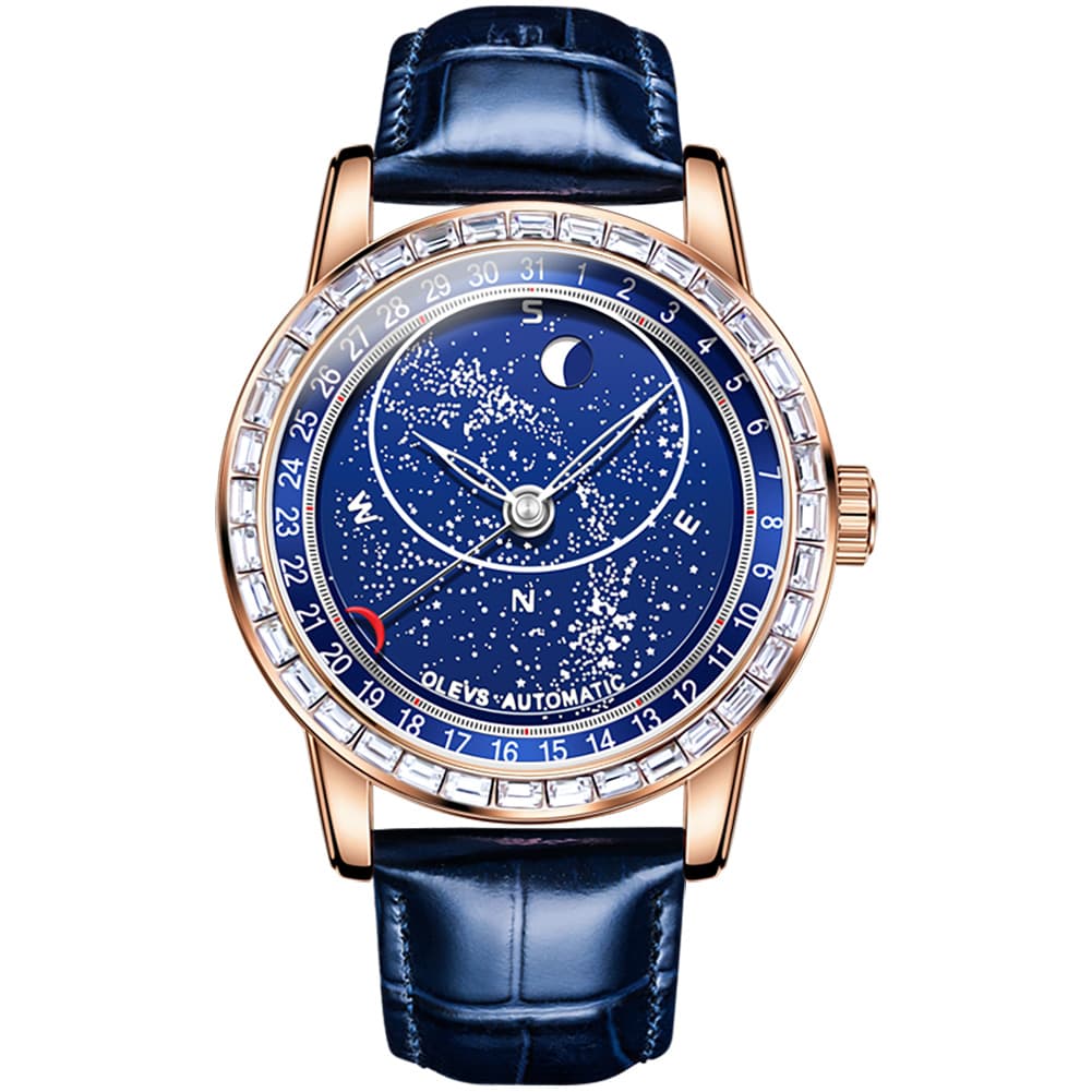 OLEVS Starry Sky Moon Phase Automatic Mechanical Watch 9923 Leather Strap for Men - Silver Blue Watch | Olevs Watch Store