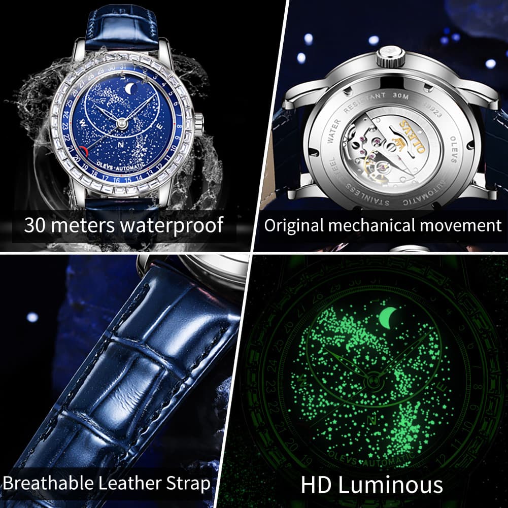 OLEVS Starry Sky Moon Phase Automatic Mechanical Watch 9923 Leather Strap for Men - Silver Blue Watch | Olevs Watch Store