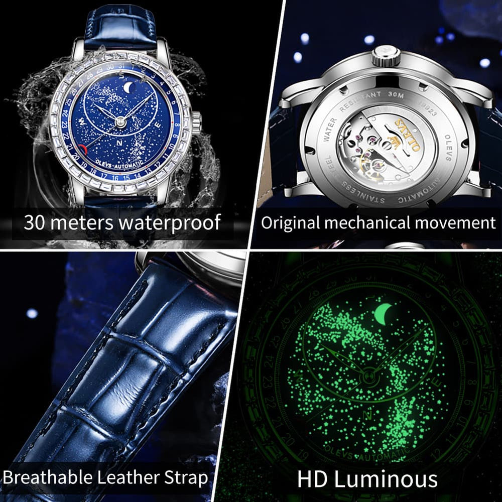 OLEVS Starry Sky Moon Phase Automatic Mechanical Watch 9923 Leather Strap for Men - Silver Blue Watch | Olevs Watch Store