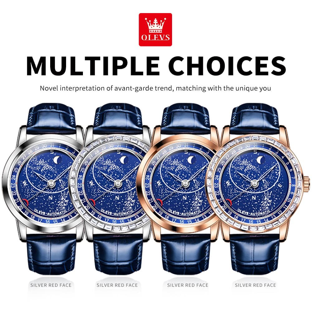 OLEVS Starry Sky Moon Phase Automatic Mechanical Watch 9923 Leather Strap for Men - Silver Blue Watch | Olevs Watch Store