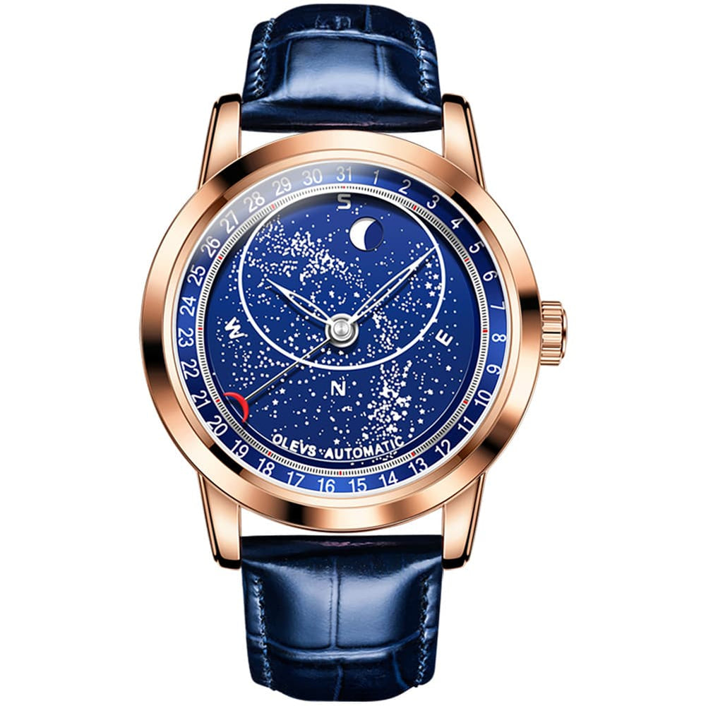 OLEVS Starry Sky Moon Phase Automatic Mechanical Watch 9923 Leather Strap for Men - Silver Blue Watch | Olevs Watch Store