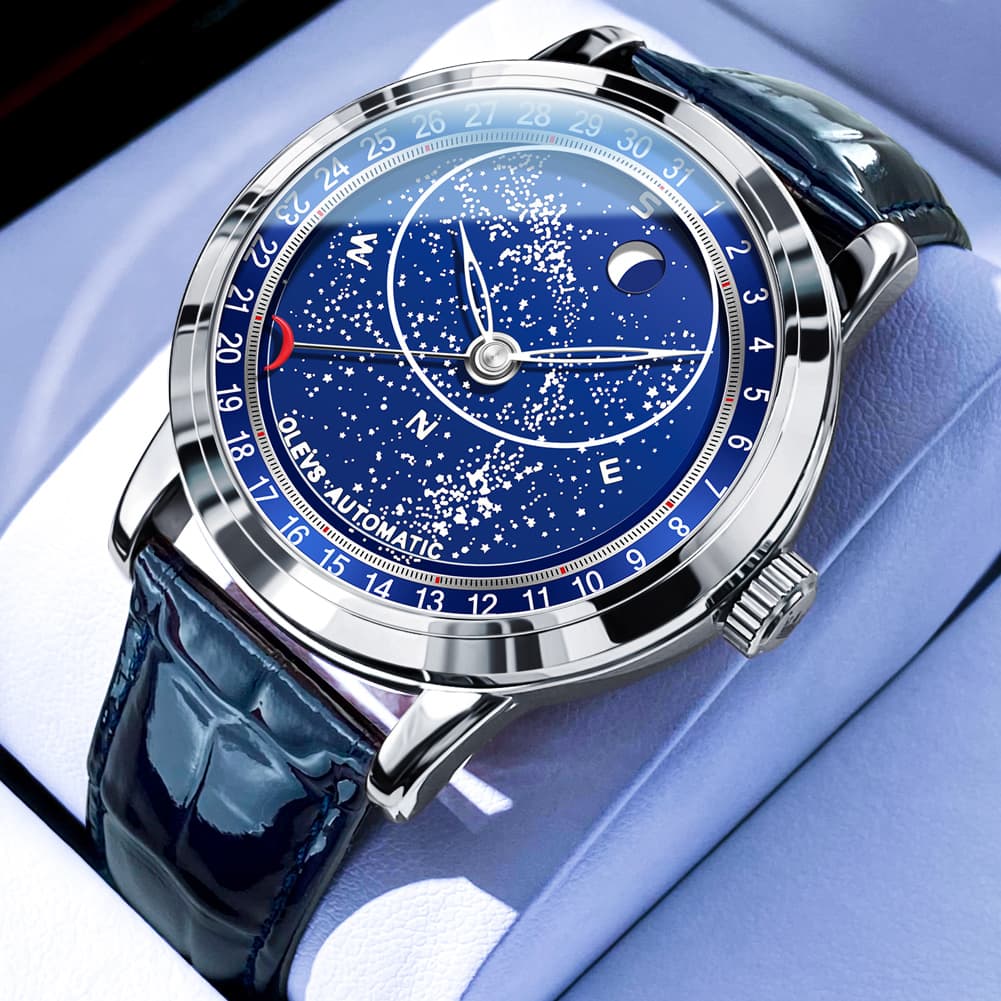 OLEVS Starry Sky Moon Phase Automatic Mechanical Watch 9923 Leather Strap for Men - Silver Blue Watch | Olevs Watch Store