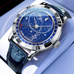OLEVS Starry Sky Moon Phase Automatic Mechanical Watch 9923 Leather Strap for Men - Silver Blue Watch | Olevs Watch Store