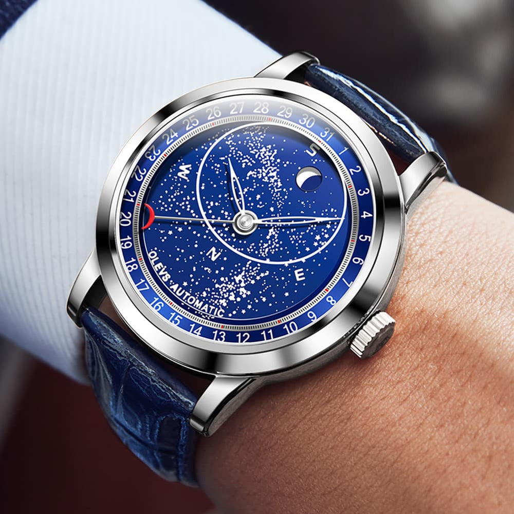 OLEVS Starry Sky Moon Phase Automatic Mechanical Watch 9923 Leather Strap for Men - Silver Blue Watch | Olevs Watch Store