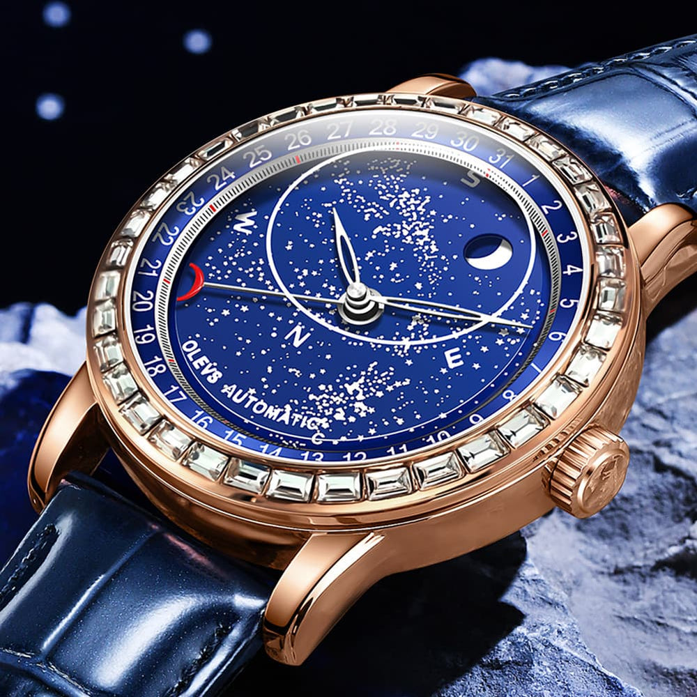 OLEVS Starry Sky Moon Phase Automatic Mechanical Watch 9923 Leather Strap for Men - Silver Blue Watch | Olevs Watch Store