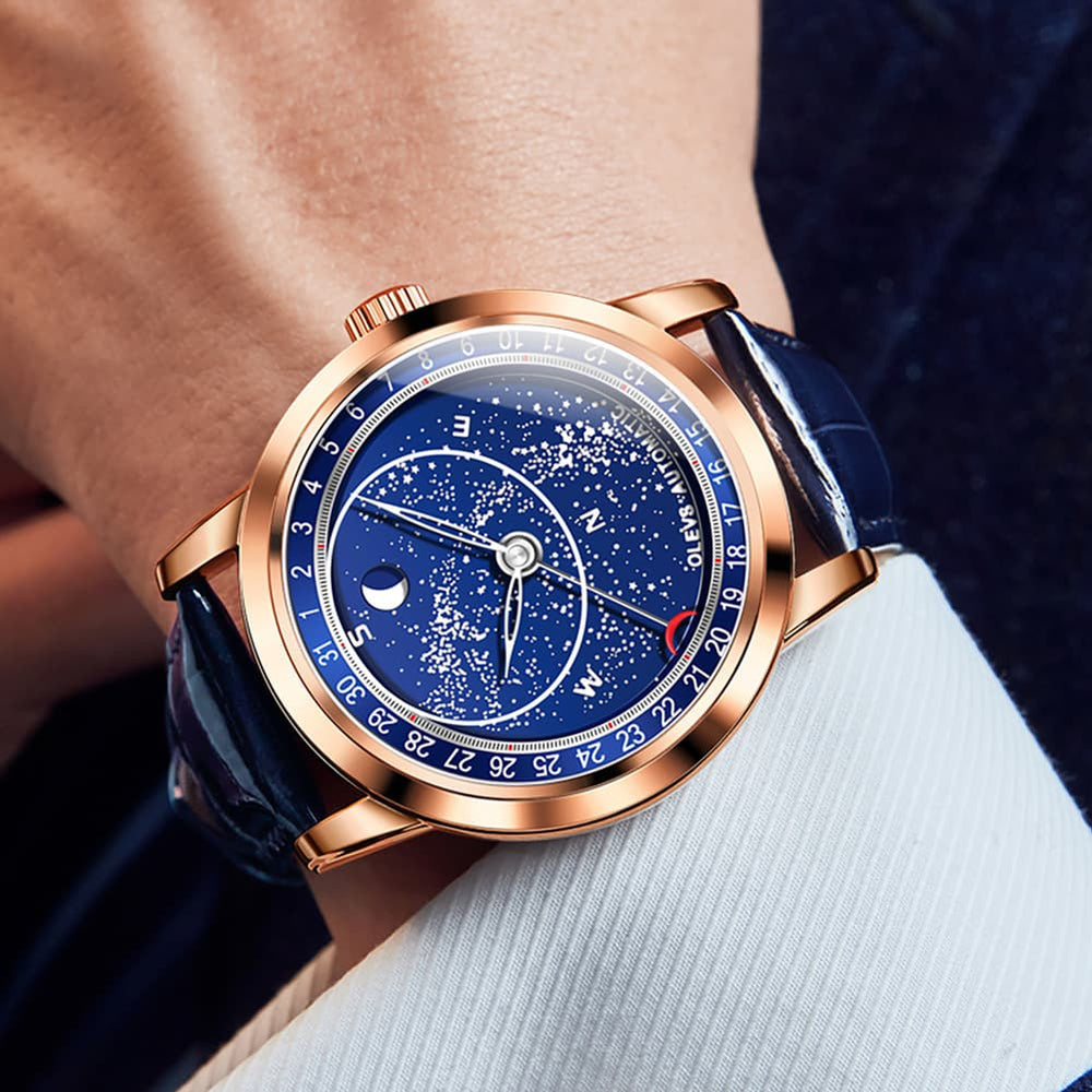 OLEVS Starry Sky Moon Phase Automatic Mechanical Watch 9923 Leather Strap for Men - Silver Blue Watch | Olevs Watch Store