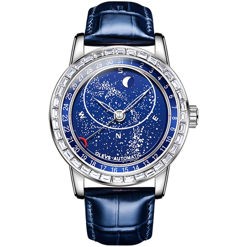 OLEVS Starry Sky Moon Phase Automatic Mechanical Watch 9923 Leather Strap for Men - Silver Blue Watch | Olevs Watch Store