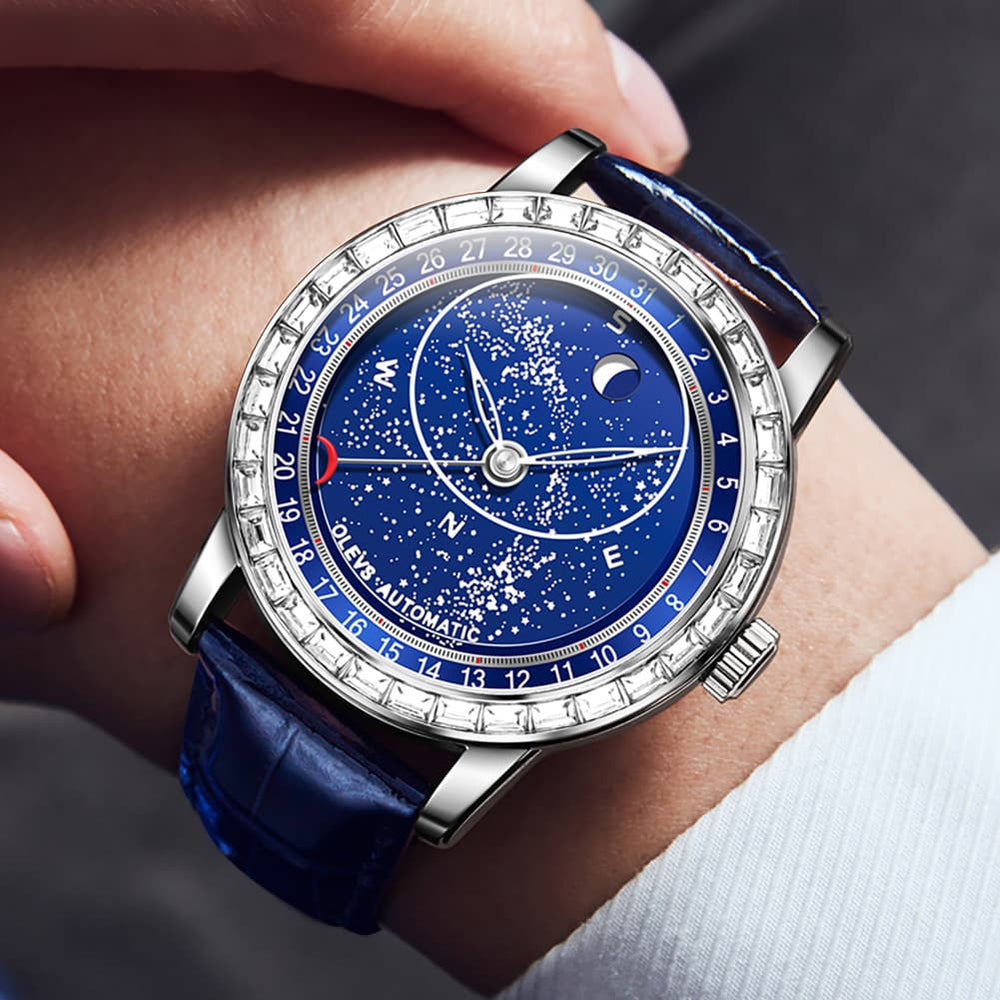 OLEVS Starry Sky Moon Phase Automatic Mechanical Watch 9923 Leather Strap for Men - Silver Blue Watch | Olevs Watch Store
