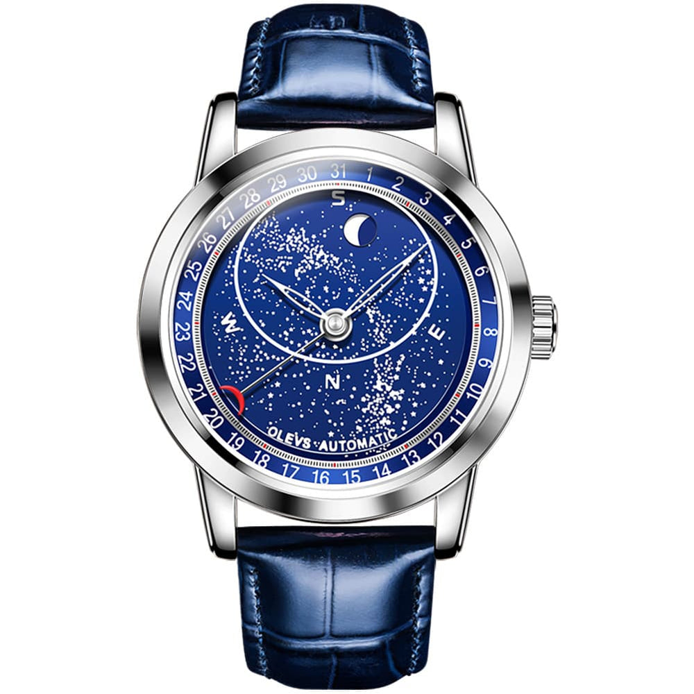 OLEVS Starry Sky Moon Phase Automatic Mechanical Watch 9923 Leather Strap for Men - Silver Blue Watch | Olevs Watch Store