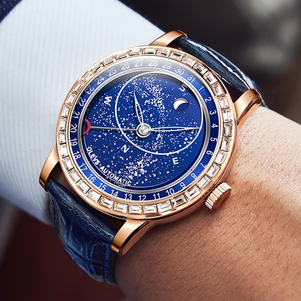 OLEVS Starry Sky Moon Phase Automatic Mechanical Watch 9923 Leather Strap for Men - Silver Blue Watch | Olevs Watch Store