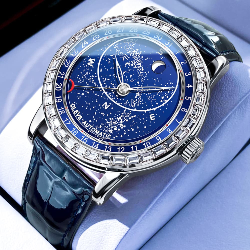 OLEVS Starry Sky Moon Phase Automatic Mechanical Watch 9923 Leather Strap for Men - Silver Blue Diamond Bezel Watch