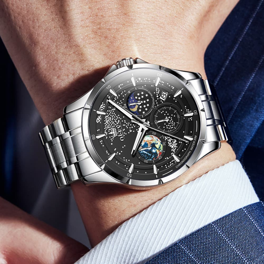 OLEVS Starry Sky Moon Phase Watch for Men Stainless Steel 5538 - Starry Blue Watch | Olevs Watch Store