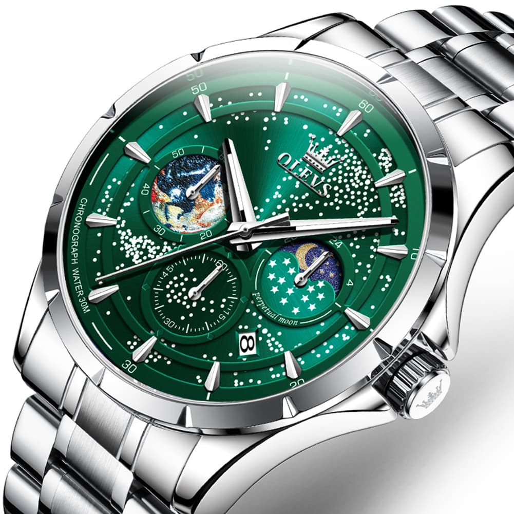 OLEVS Starry Sky Moon Phase Watch for Men Stainless Steel 5538 - Starry Blue Watch | Olevs Watch Store