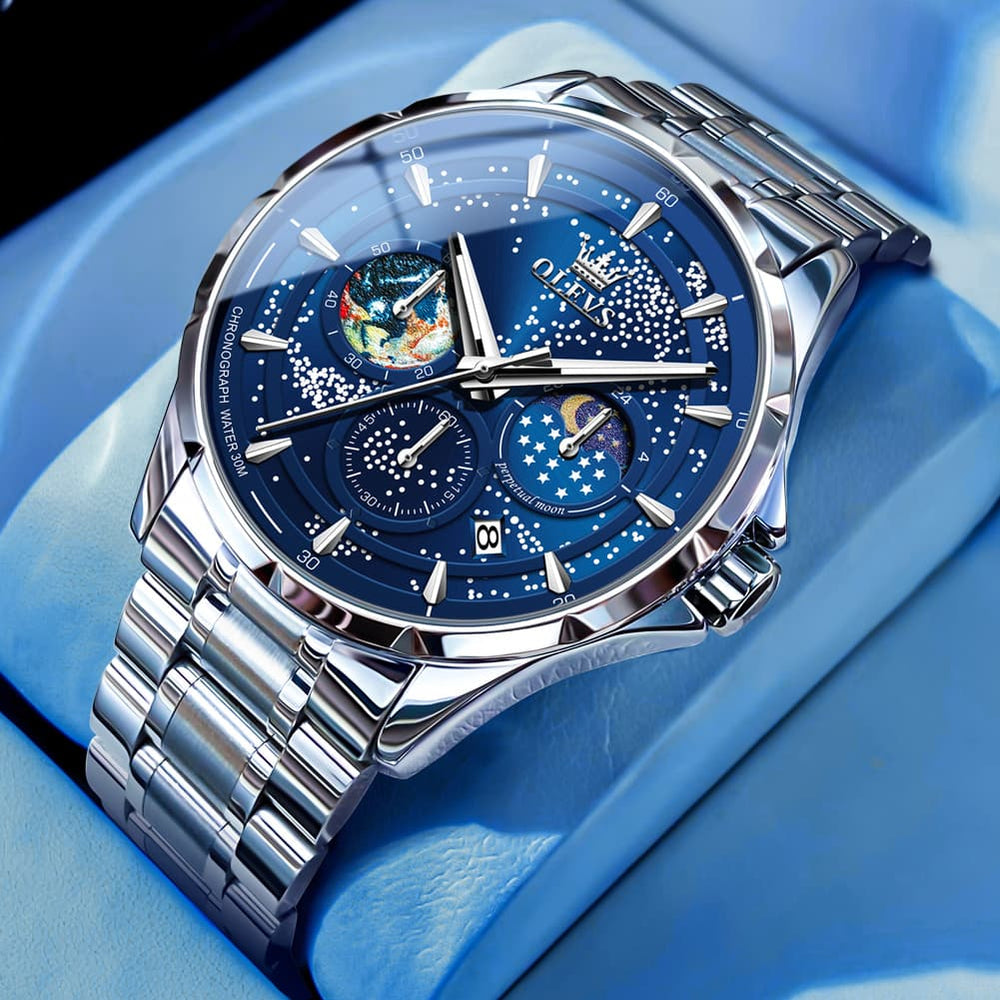 OLEVS Starry Sky Moon Phase Watch for Men Stainless Steel 5538 - Starry Blue Watch | Olevs Watch Store