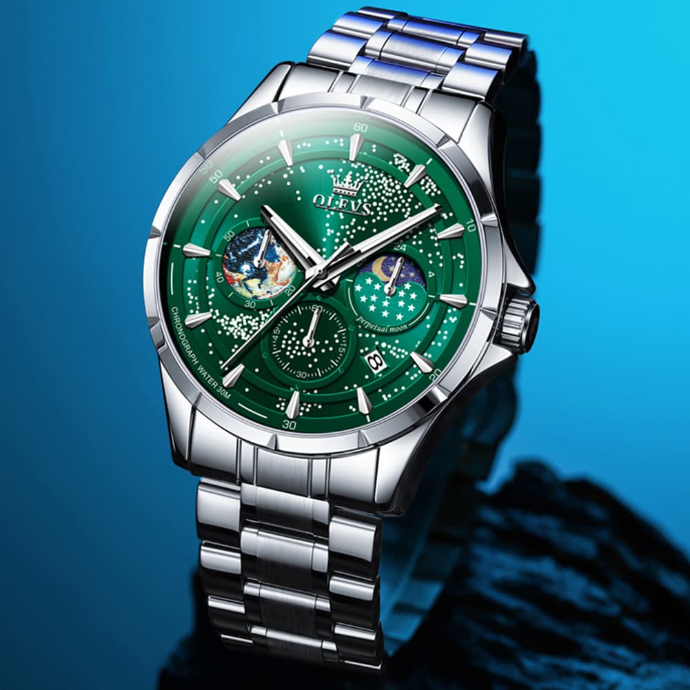 OLEVS Starry Sky Moon Phase Watch for Men Stainless Steel 5538 - Starry Blue Watch | Olevs Watch Store