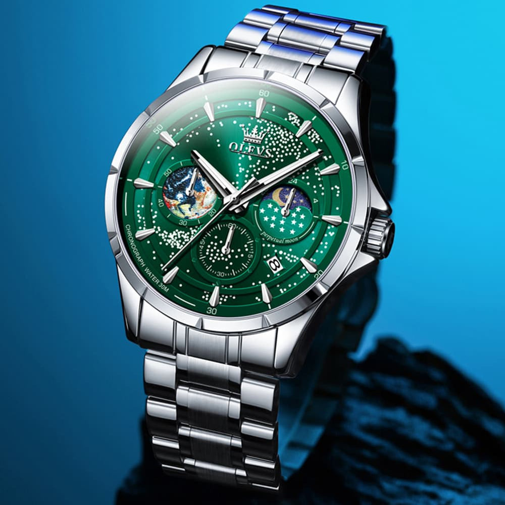 OLEVS Starry Sky Moon Phase Watch for Men Stainless Steel 5538 - Starry Blue Watch | Olevs Watch Store