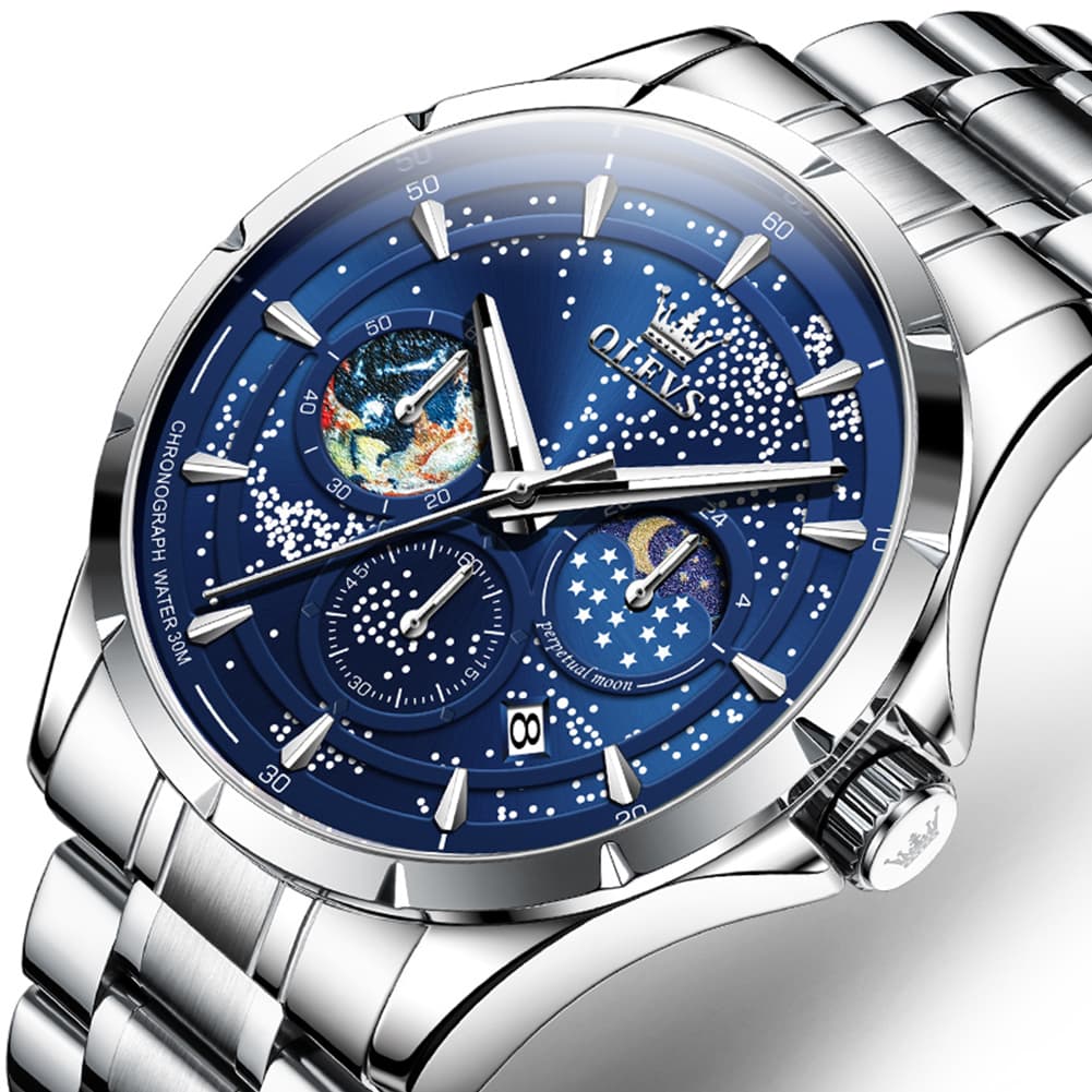 OLEVS Starry Sky Moon Phase Watch for Men Stainless Steel 5538 - Starry Blue Watch | Olevs Watch Store