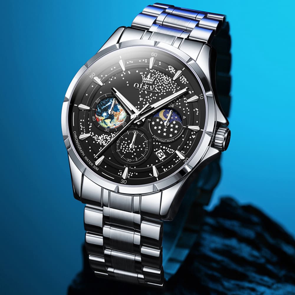 OLEVS Starry Sky Moon Phase Watch for Men Stainless Steel 5538 - Starry Blue Watch | Olevs Watch Store