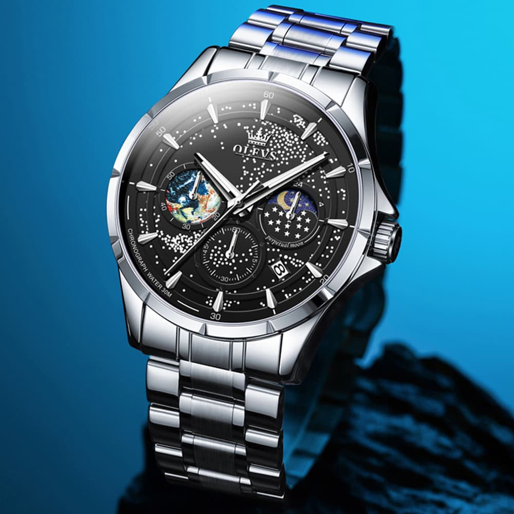 OLEVS Starry Sky Moon Phase Watch for Men Stainless Steel 5538 - Starry Blue Watch | Olevs Watch Store