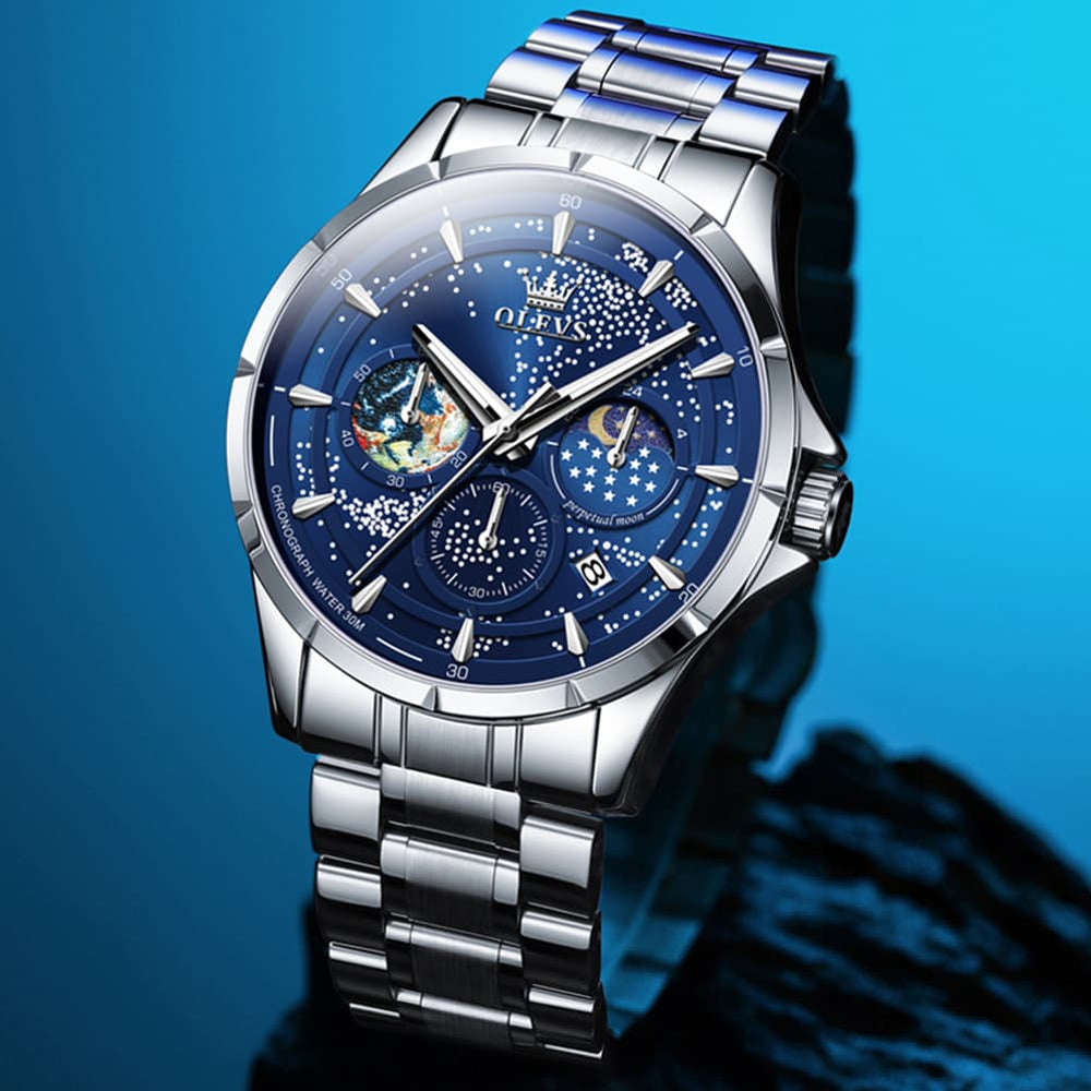 OLEVS Starry Sky Moon Phase Watch for Men Stainless Steel 5538 - Starry Blue Watch | Olevs Watch Store