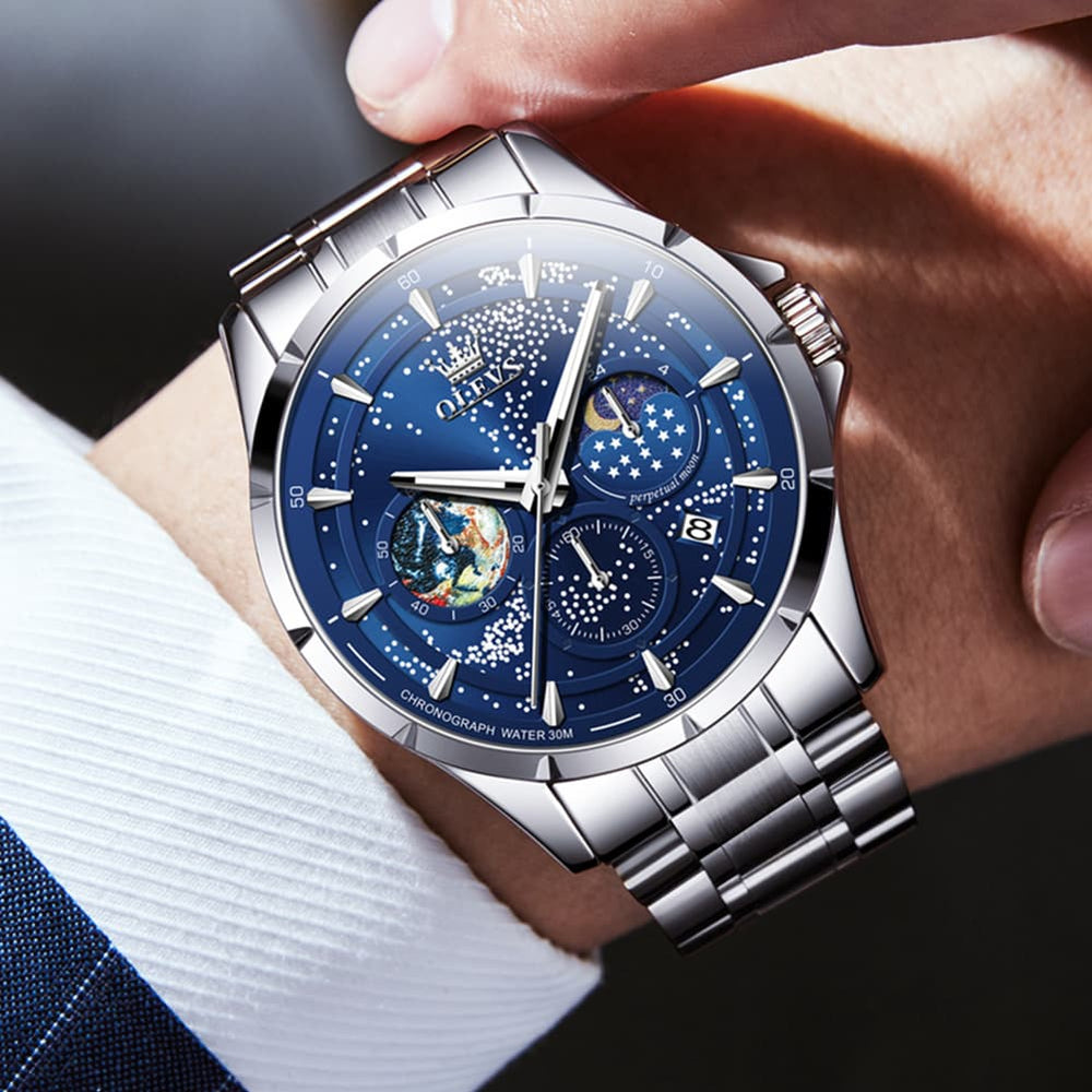 OLEVS Starry Sky Moon Phase Watch for Men Stainless Steel 5538 - Starry Blue Watch | Olevs Watch Store
