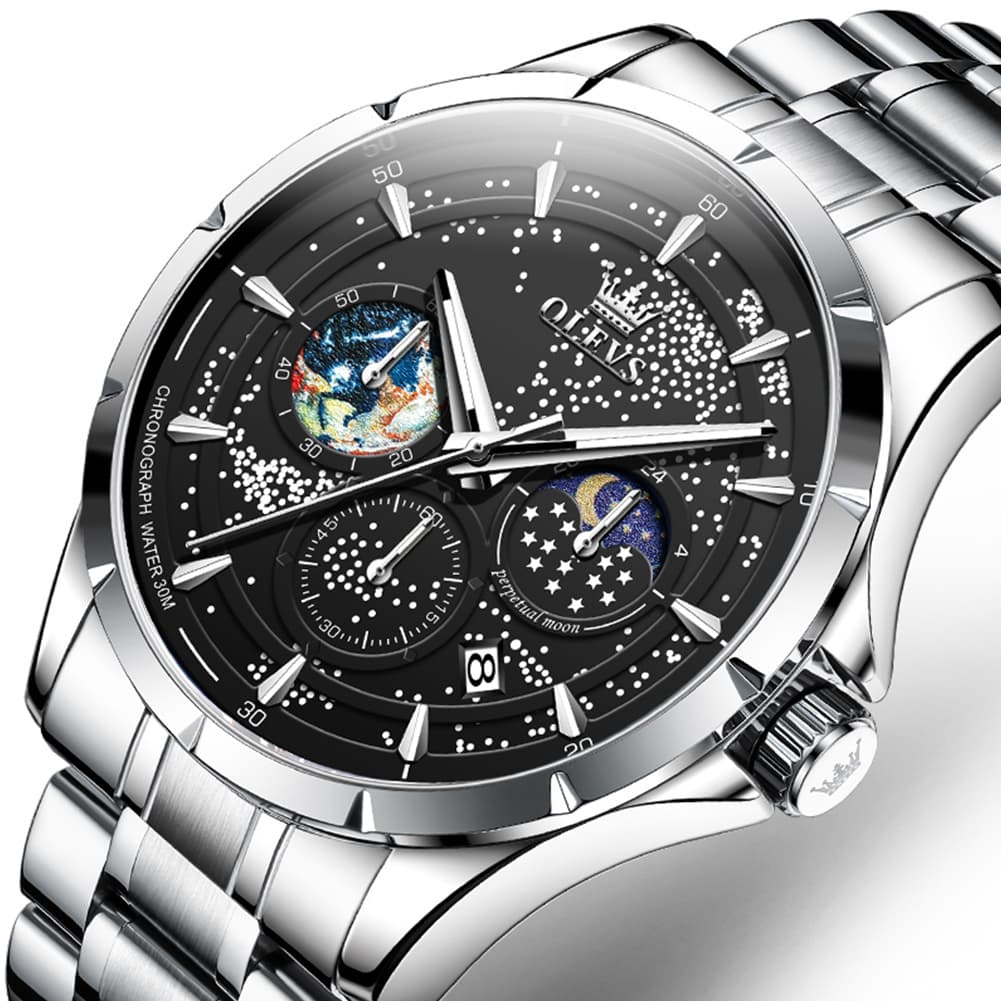 OLEVS Starry Sky Moon Phase Watch for Men Stainless Steel 5538 - Starry Blue Watch | Olevs Watch Store