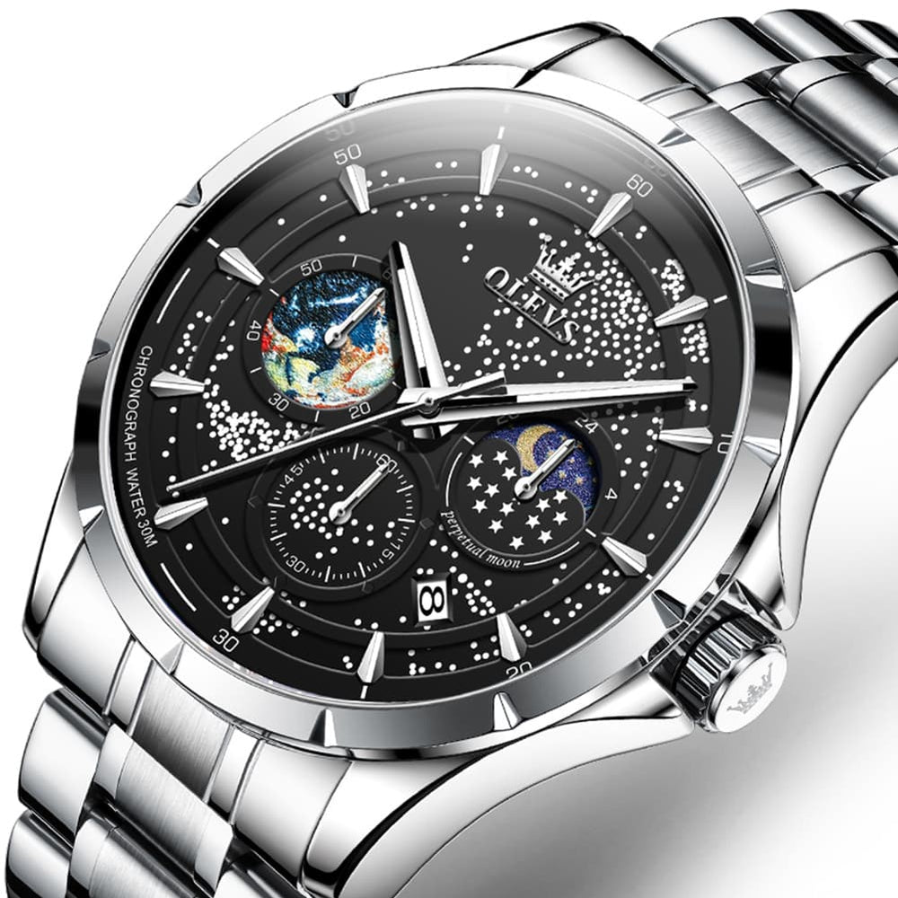 OLEVS Starry Sky Moon Phase Watch for Men Stainless Steel 5538 - Starry Blue Watch | Olevs Watch Store