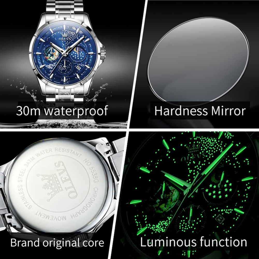 OLEVS Starry Sky Moon Phase Watch for Men Stainless Steel 5538 - Starry Blue Watch | Olevs Watch Store