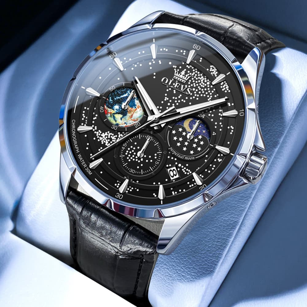 OLEVS Starry Sky Moon Phase Watch Leather Strap for Men 5538 - Starry Black - Black Leather Watch | Olevs Watch Store
