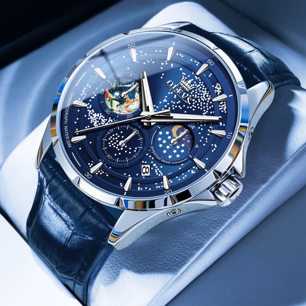 OLEVS Starry Sky Moon Phase Watch Leather Strap for Men 5538 - Starry Blue - Black Leather Watch | Olevs Watch Store