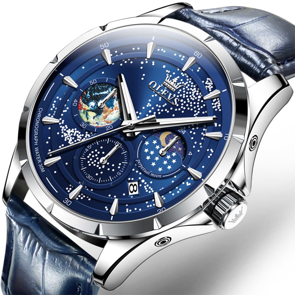 OLEVS Starry Sky Moon Phase Watch Leather Strap for Men 5538 - Starry Blue - Black Leather Watch | Olevs Watch Store