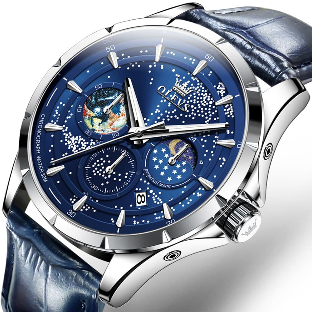 OLEVS Starry Sky Moon Phase Watch Leather Strap for Men 5538 - Starry Blue - Black Leather Watch | Olevs Watch Store