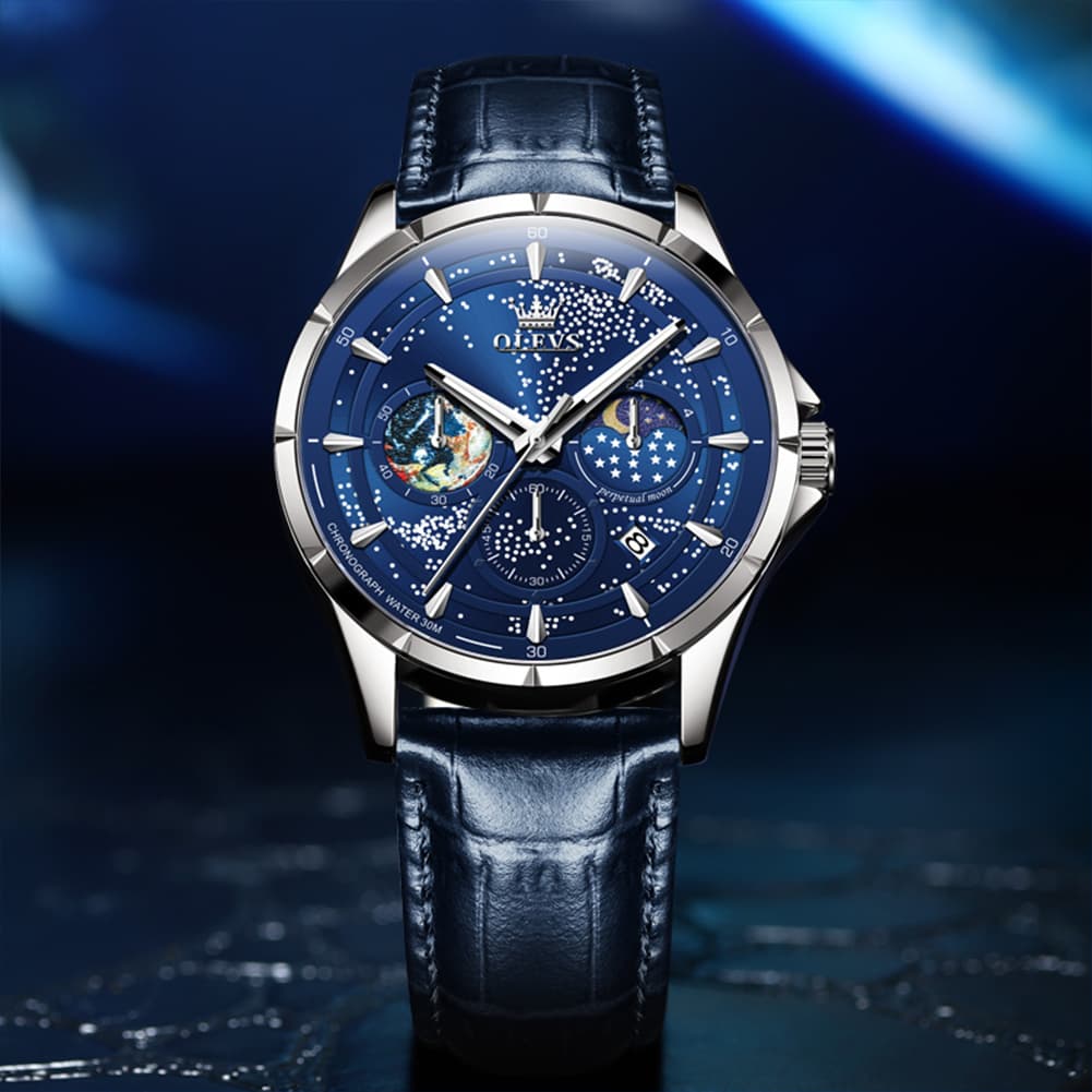 OLEVS Starry Sky Moon Phase Watch Leather Strap for Men 5538 - Starry Blue - Black Leather Watch | Olevs Watch Store