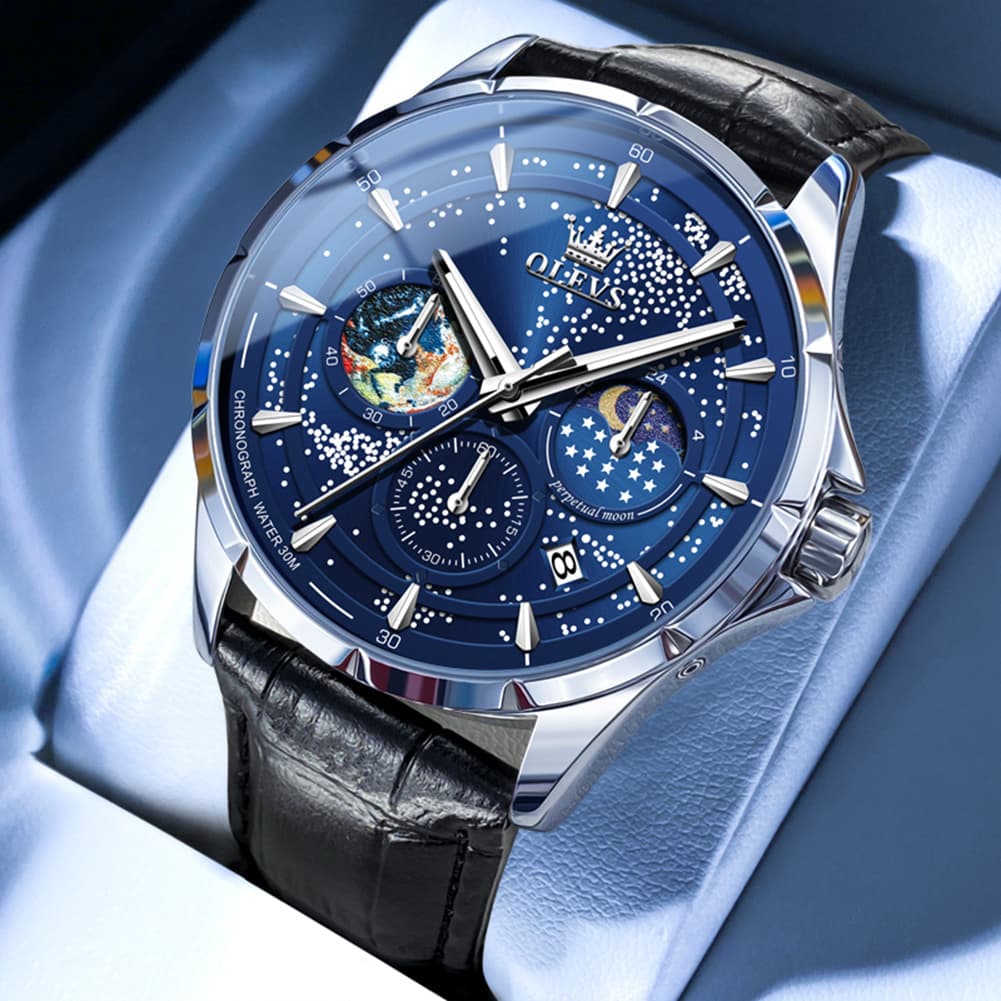 OLEVS Starry Sky Moon Phase Watch Leather Strap for Men 5538 - Starry Blue - Black Leather Watch | Olevs Watch Store