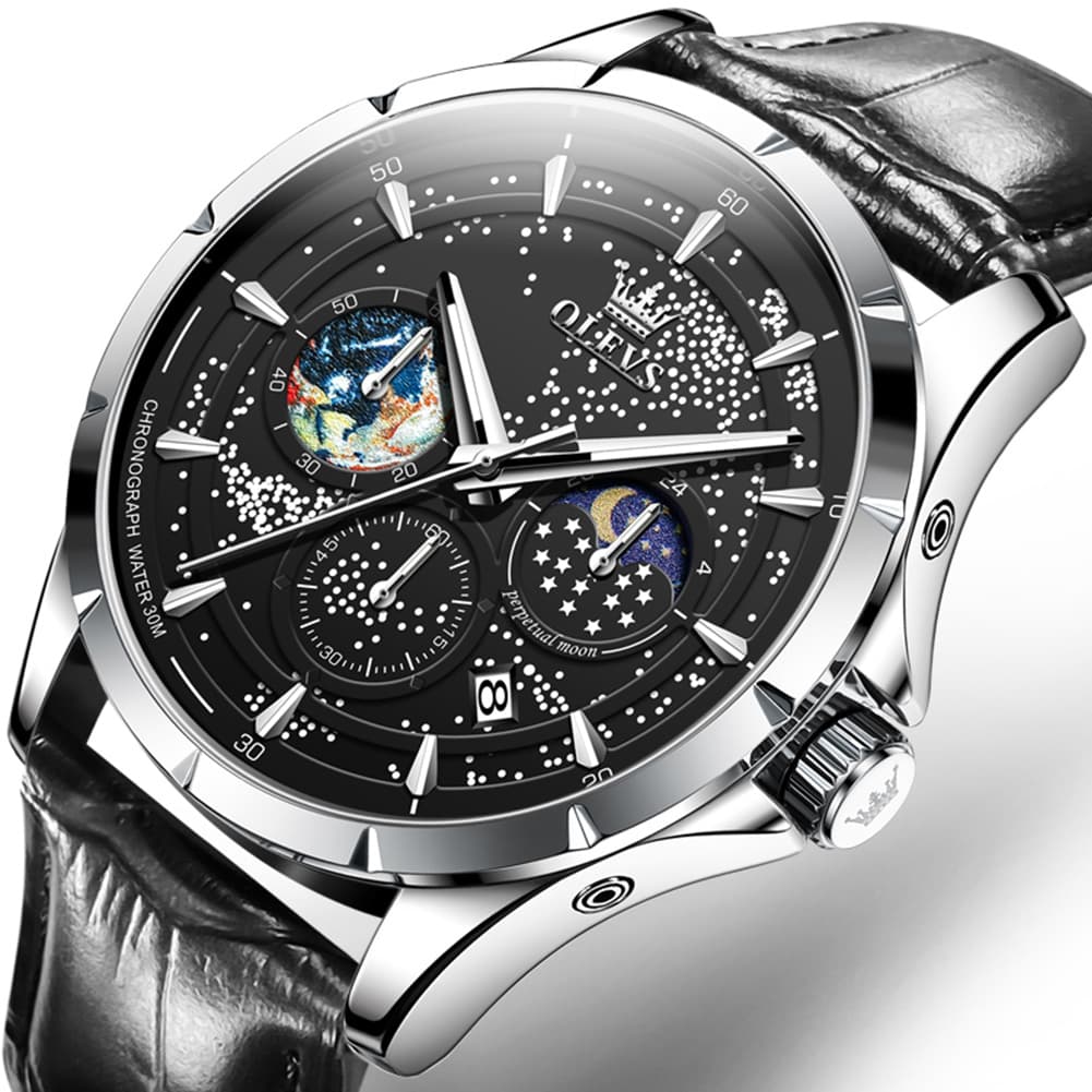 OLEVS Starry Sky Moon Phase Watch Leather Strap for Men 5538 - Starry Blue - Black Leather Watch | Olevs Watch Store