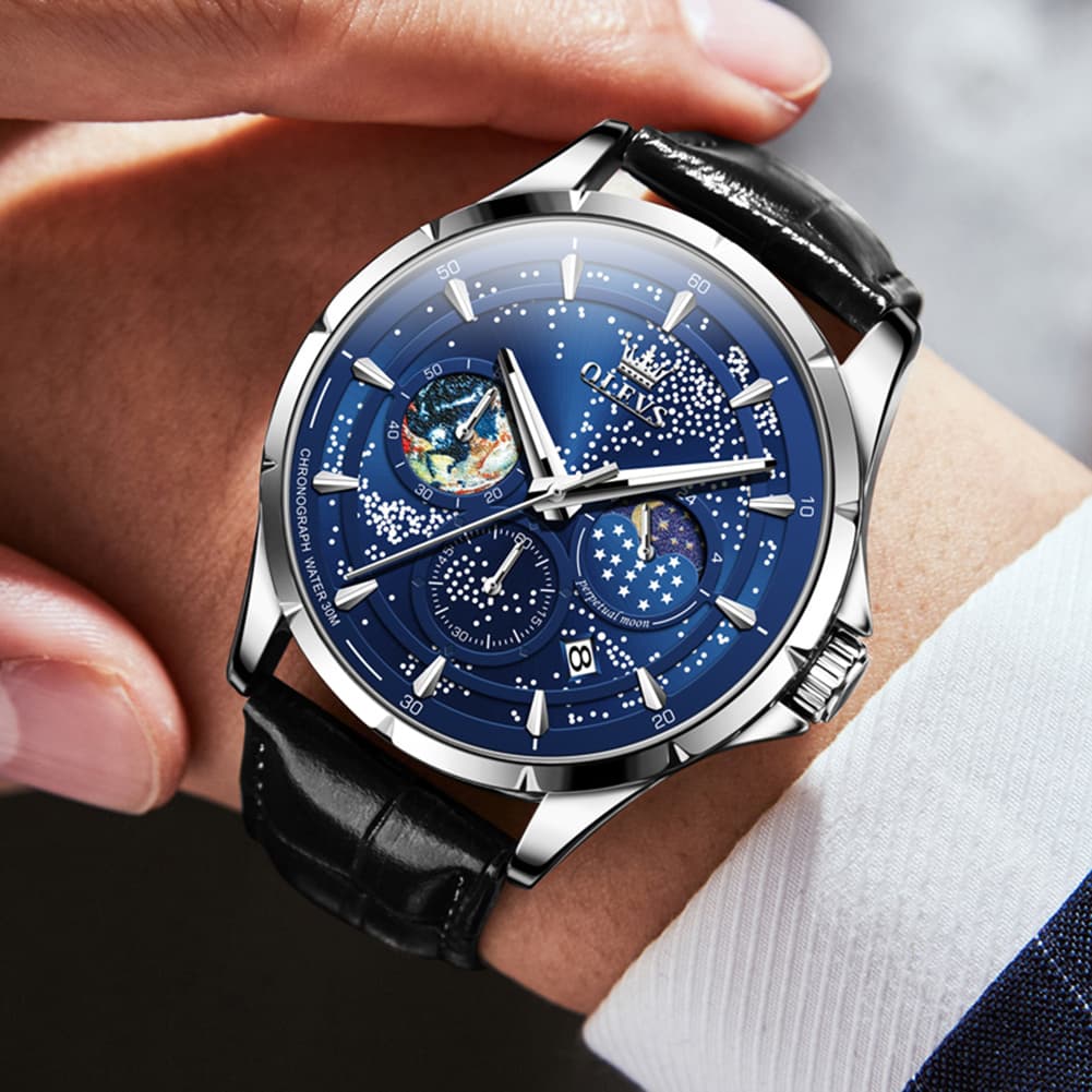 OLEVS Starry Sky Moon Phase Watch Leather Strap for Men 5538 - Starry Blue - Black Leather Watch | Olevs Watch Store