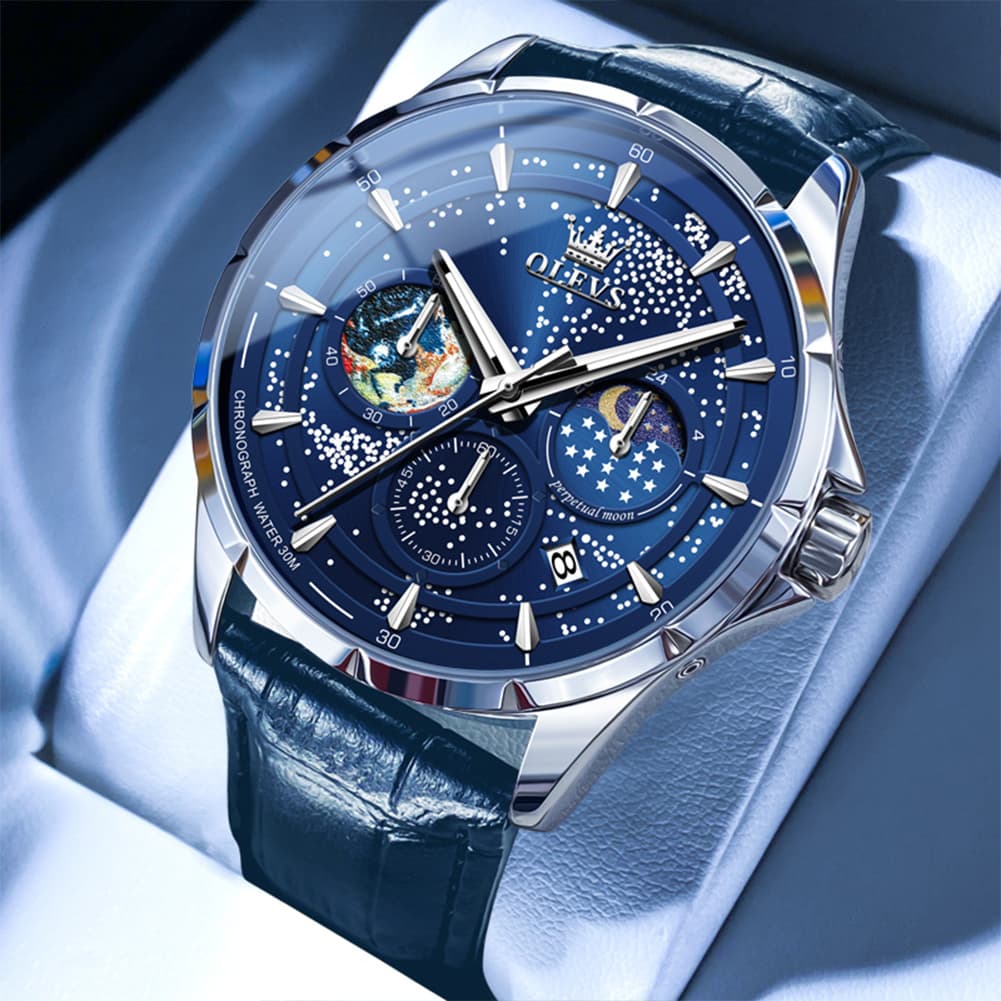OLEVS Starry Sky Moon Phase Watch Leather Strap for Men 5538 - Starry Blue - Blue Leather Watch | Olevs Watch Store