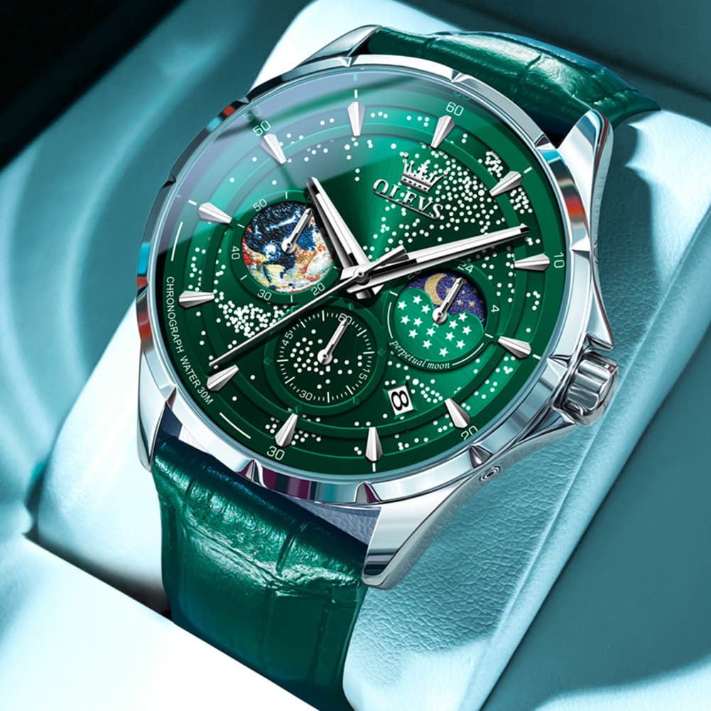 OLEVS Starry Sky Moon Phase Watch Leather Strap for Men 5538 - Starry Green - Green Leather Watch | Olevs Watch Store