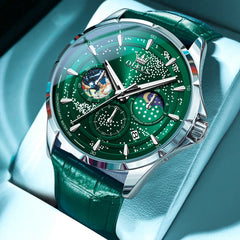 OLEVS Starry Sky Moon Phase Watch Leather Strap for Men 5538 - Starry Green - Green Leather Watch | Olevs Watch Store