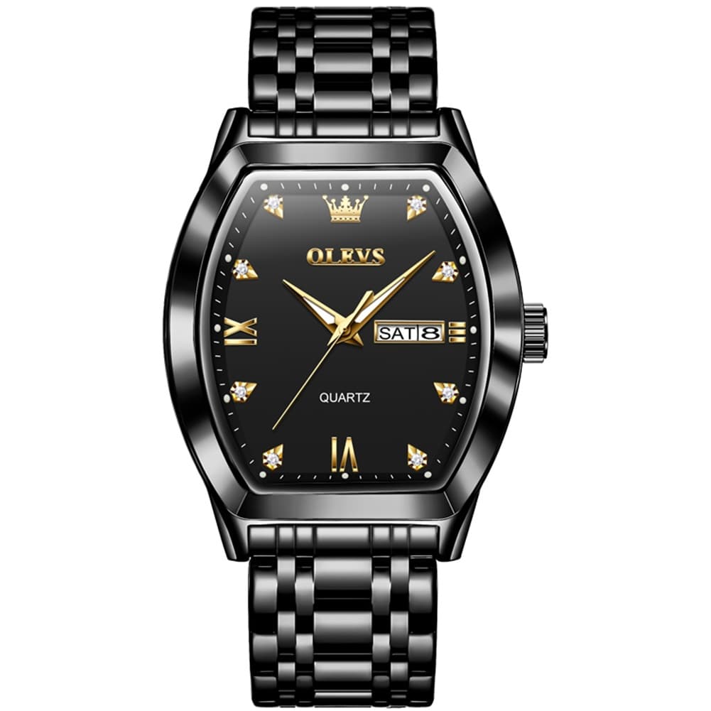 OLEVS Tonneau Diamond Dial Day Date Quartz Watch 5528 Steel Band for Men - All Black Watch | Olevs Watch Store
