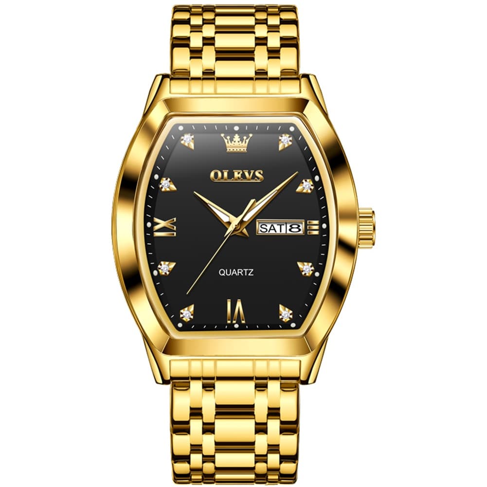 OLEVS Tonneau Diamond Dial Day Date Quartz Watch 5528 Steel Band for Men - All Black Watch | Olevs Watch Store