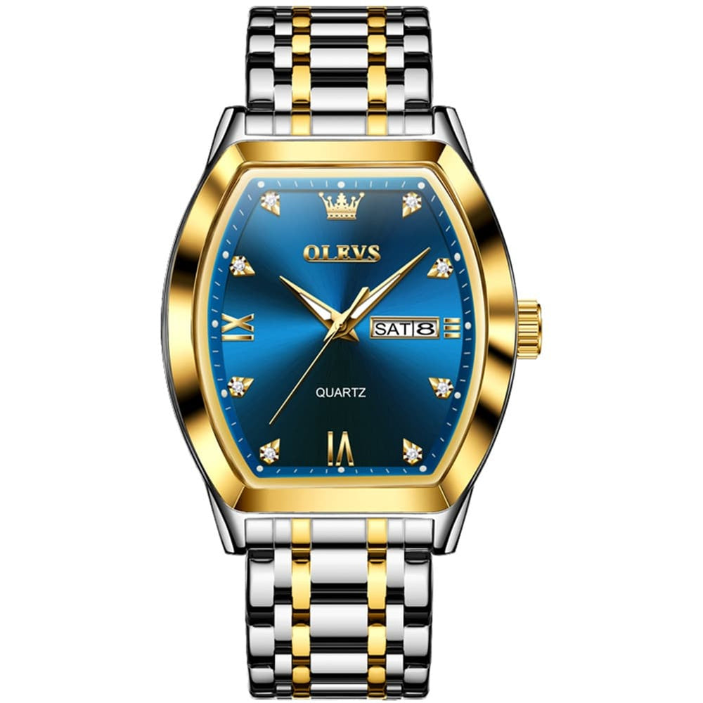OLEVS Tonneau Diamond Dial Day Date Quartz Watch 5528 Steel Band for Men - All Black Watch | Olevs Watch Store