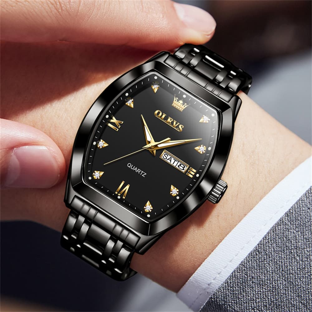 OLEVS Tonneau Diamond Dial Day Date Quartz Watch 5528 Steel Band for Men - All Black Watch | Olevs Watch Store