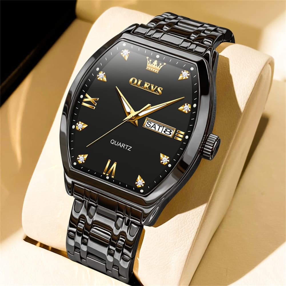 OLEVS Tonneau Diamond Dial Day Date Quartz Watch 5528 Steel Band for Men - All Black Watch | Olevs Watch Store