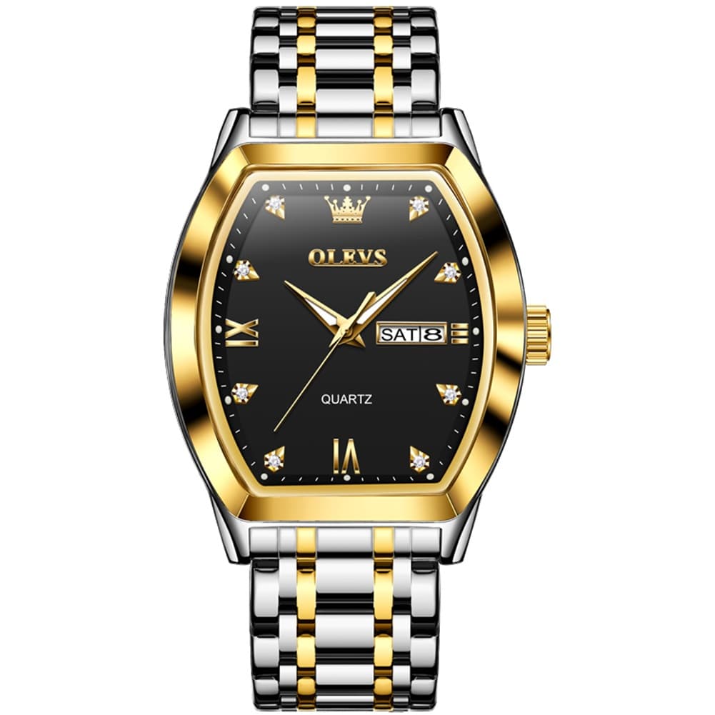 OLEVS Tonneau Diamond Dial Day Date Quartz Watch 5528 Steel Band for Men - All Black Watch | Olevs Watch Store