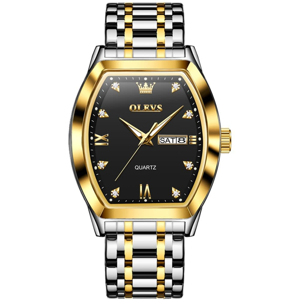 OLEVS Tonneau Diamond Dial Day Date Quartz Watch 5528 Steel Band for Men - All Black Watch | Olevs Watch Store