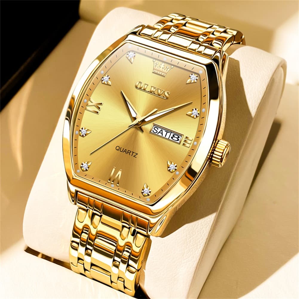 OLEVS Tonneau Diamond Dial Day Date Quartz Watch 5528 Steel Band for Men - All Gold Watch | Olevs Watch Store